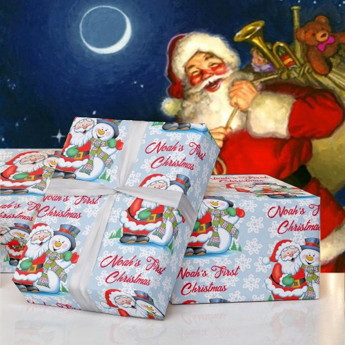 1st Christmas Babys Personalize Name Santa Claus Wrapping Paper