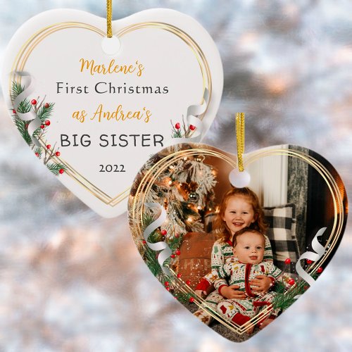 1st Christmas Big Sis Love Holly Pine Gold Frame Ceramic Ornament