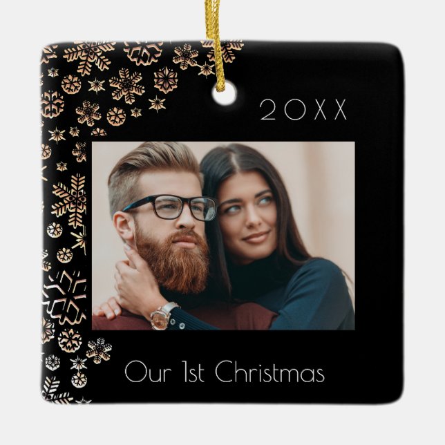 1st Christmas black photo newlyweds  Ceramic Ornament (Front)