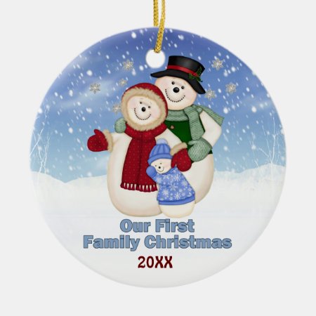 1st Christmas Blue Frosty Snowman Family Ceramic Ornament