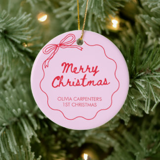 1st christmas bow pink red photo cute baby ceramic ornament