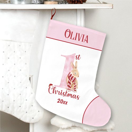 1st Christmas Bunny Baby Girl Pink Name Large Christmas Stocking