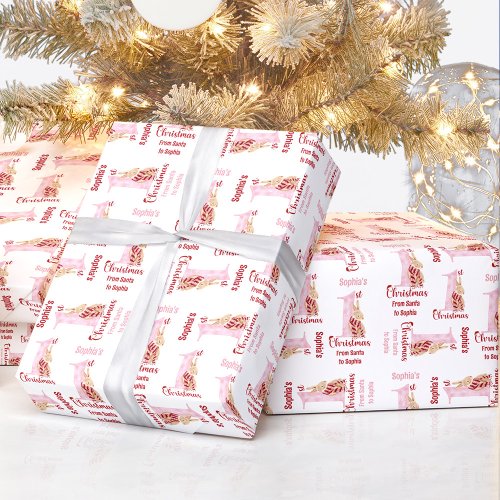 1st Christmas Bunny Name Baby Girl Pink Number One Wrapping Paper