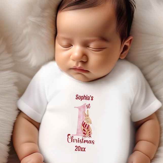 1st Christmas Cute Bunny Pink Red Name Girl Baby T-Shirt (1st Christmas Cute Bunny Pink Red Girl Baby T-Shirt)