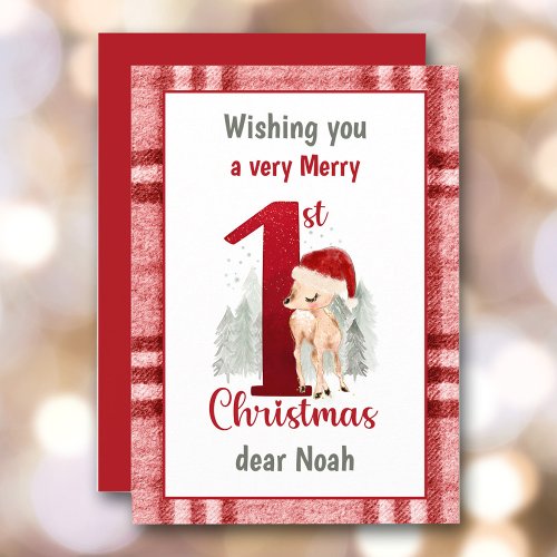 1st Christmas Cute Deer Santa Hat Plaid Holiday Card