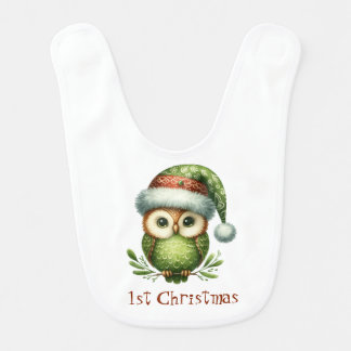 1st Christmas Cute Green Owl in Holiday Cap Baby Bib