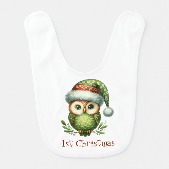 1st Christmas Cute Green Owl in Holiday Cap Baby Bib (Front)