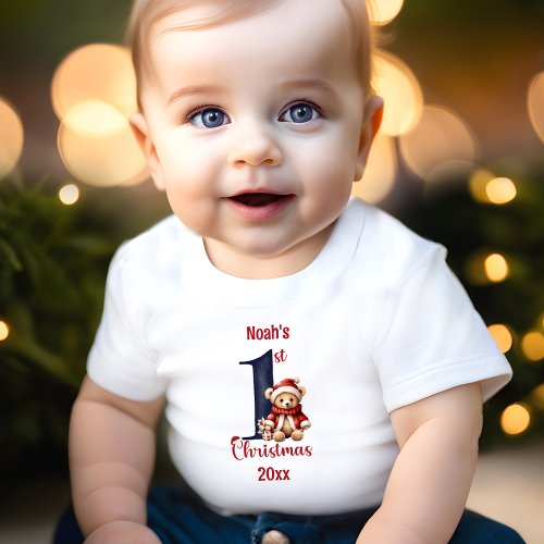 1st Christmas Cute Teddy Bear Baby Boy Red Blue Baby T_Shirt