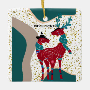 1st Christmas Deer Couple Bear Gold Hail Boho Art Ceramic Ornament