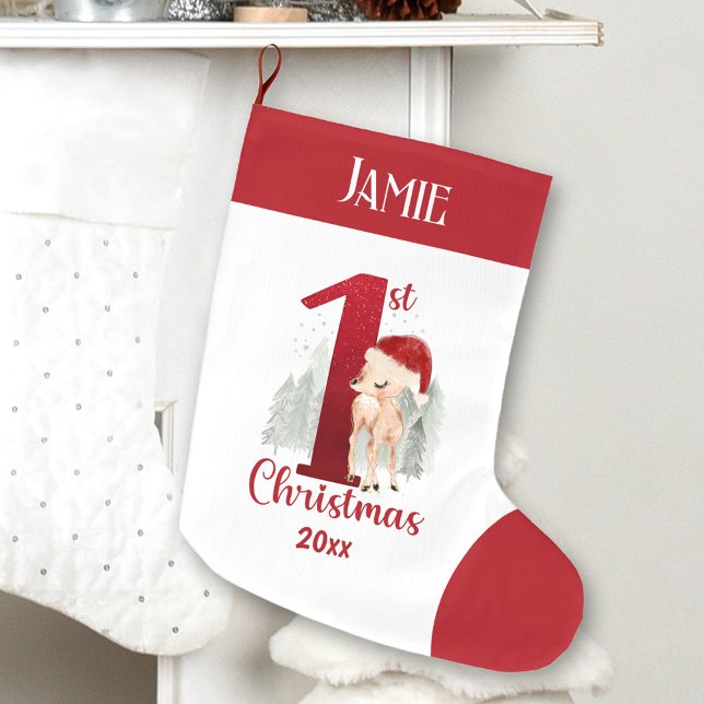 1st Christmas Deer Santa Hat Baby Red Name Large Christmas Stocking (1st Christmas Deer Santa Hat Baby Red Name Large Christmas Stocking)