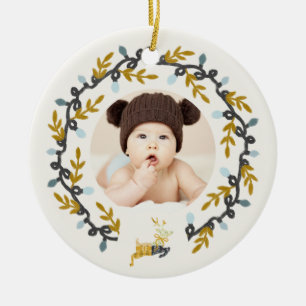 1st Christmas Deer with Wreath Beige Ceramic Ornament