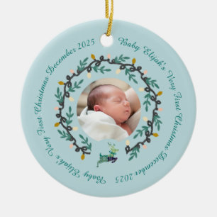 1st Christmas Deer with Wreath Teal2 Ceramic Ornament