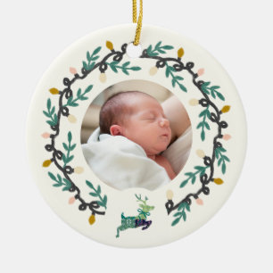 1st Christmas Deer with Wreath Teal Cream Ceramic Ornament