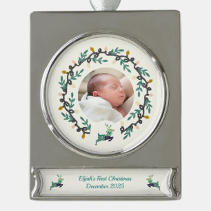 1st Christmas Deer with Wreath Teal Cream Silver Plated Banner Ornament