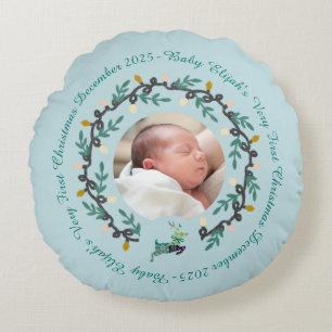 1st Christmas Deer with Wreath Teal Round Pillow