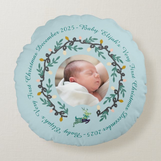 1st Christmas Deer with Wreath Teal Round Pillow (Front)