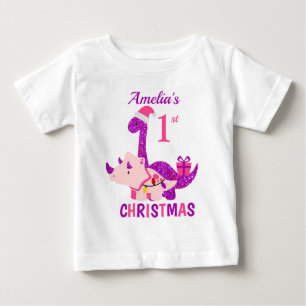 1st Christmas Dinosaur Purple Glitter Baby T-Shirt
