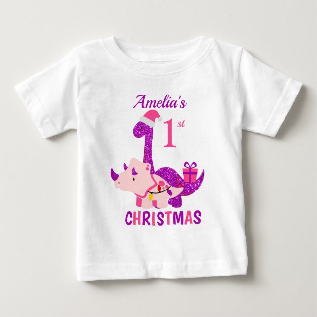 1st Christmas Dinosaur Purple Glitter Baby T-Shirt (Front)