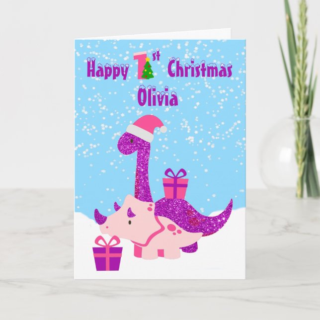 1st Christmas Dinosaur Purple Personalized  Card (Front)