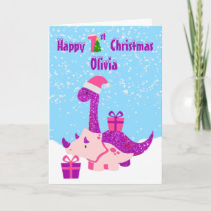1st Christmas Dinosaur Purple Personalized Card