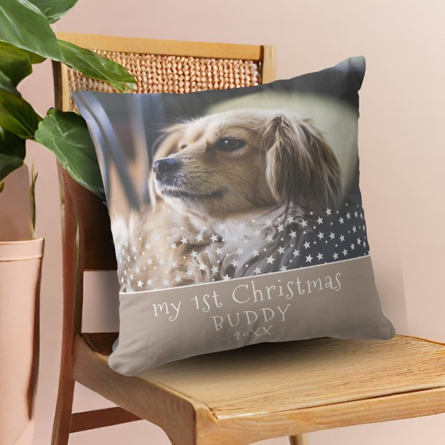 1st Christmas Dog Pet Photo Stars Keepsake Throw P Throw Pillow (Creator Uploaded)