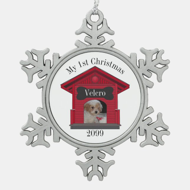 1st Christmas Dog Upload Photo Dog House w Bone Me Snowflake Pewter Christmas Ornament (Front)