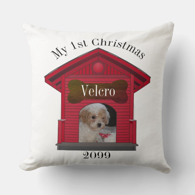 1st Christmas Dog Upload Photo Dog House w Bone Sq Throw Pillow (Front)