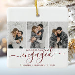 1st Christmas Engaged 3 Photo Burgundy Red Script Ceramic Ornament<br><div class="desc">Commemorate your engagement with this beautiful modern keepsake ornament. The burgundy red text reads "Our first Christmas engaged, " with the word "engaged" in elegant handwriting script with flourishes before and after. Replace the three sample images with your favorite vertical photos, and add your names and the year in burgundy...</div>