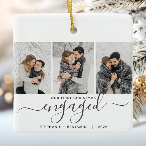 1st Christmas Engaged 3 Photo Collage Gray Script Ceramic Ornament