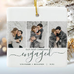 1st Christmas Engaged 3 Photo Green Script Ceramic Ornament<br><div class="desc">Commemorate your engagement with this beautiful modern keepsake ornament. The dark green text reads "Our first Christmas engaged, " with the word "engaged" in elegant handwriting script with flourishes before and after. Replace the three sample images with your favorite vertical photos, and add your names and the year in dark...</div>