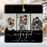 1st Christmas Engaged 3 Photo White Script Black Ceramic Ornament<br><div class="desc">Commemorate your engagement with this beautiful modern keepsake ornament. The white text reads "Our first Christmas engaged, " with the word "engaged" in elegant handwriting script with flourishes before and after. Replace the three sample images with your favorite vertical photos, and add your names and the year in white text...</div>