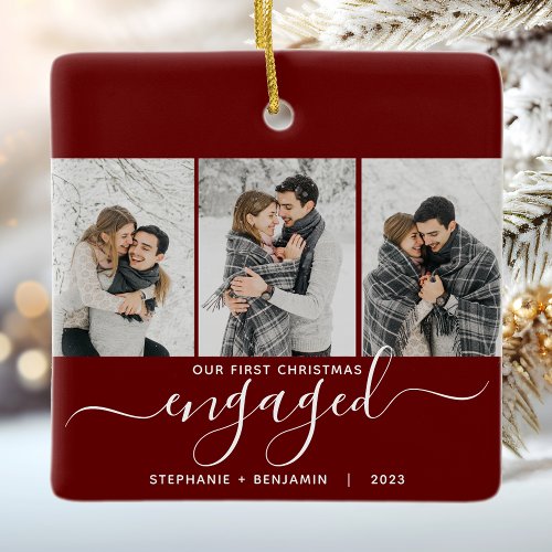 1st Christmas Engaged 3 Photo White Script Red Ceramic Ornament