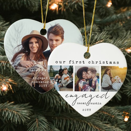 1st Christmas Engaged Minimal Unique 4 Photo Heart Ceramic Ornament