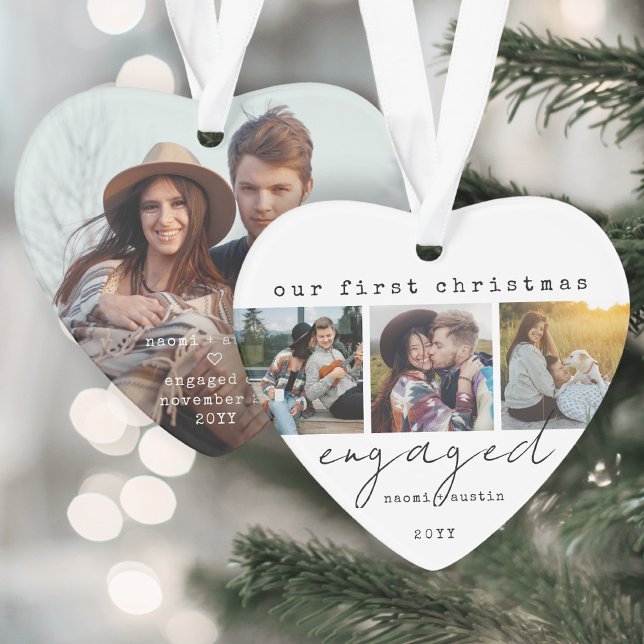 1st Christmas Engaged Minimal Unique 4 Photo Heart Ornament (Creator Uploaded)