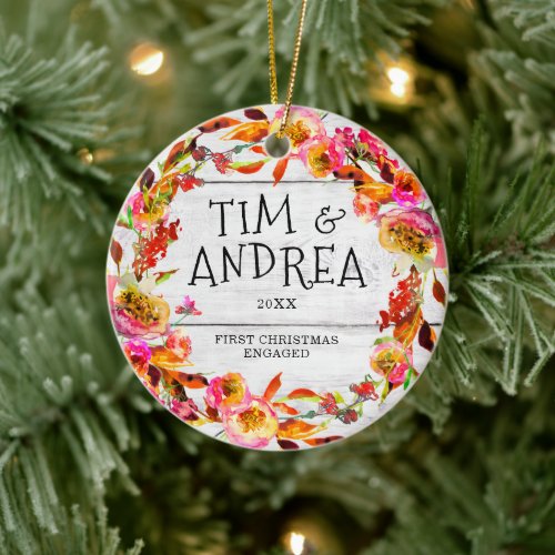 1st Christmas Engaged Personalized Floral Shiplap Ceramic Ornament