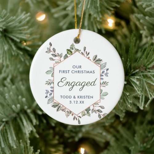 1st Christmas Engaged Personalized Greenery Frame Ceramic Ornament