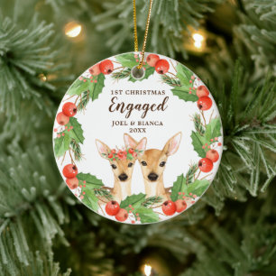 1st Christmas Engaged Personalized Holiday Deer Ceramic Ornament