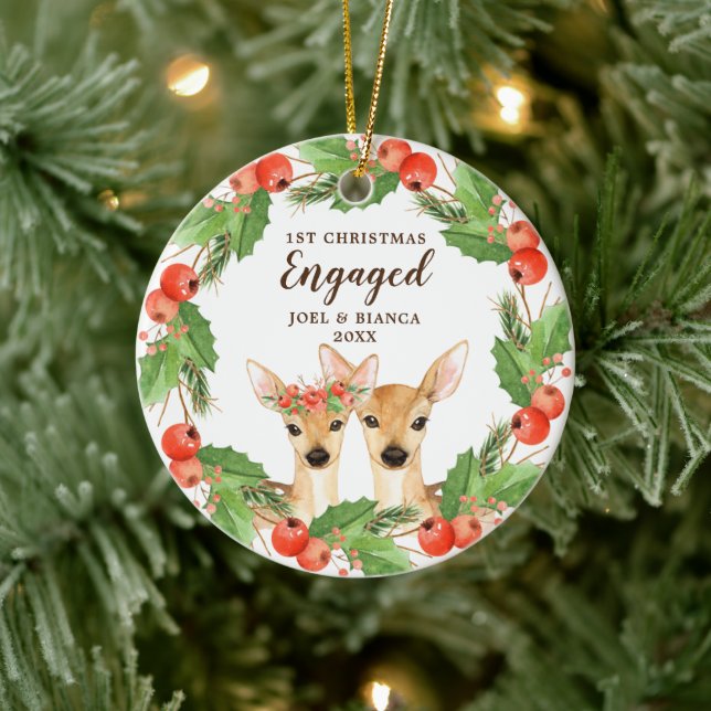 1st Christmas Engaged Personalized Holiday Deer Ceramic Ornament (Tree)