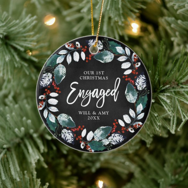 1st Christmas Engaged Personalized Holly Greenery Ceramic Ornament (Tree)
