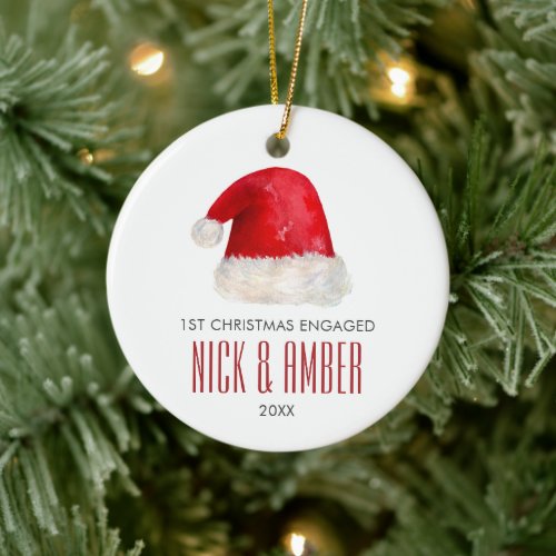 1st Christmas Engaged Personalized Santa Hat Ceramic Ornament