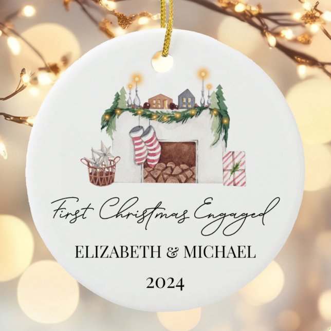 1st Christmas Engaged Watercolor Christmas Tree Ceramic Ornament (Creator Uploaded)