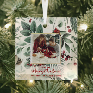1st Christmas Family 2-Photo Watercolor Holly Glass Ornament