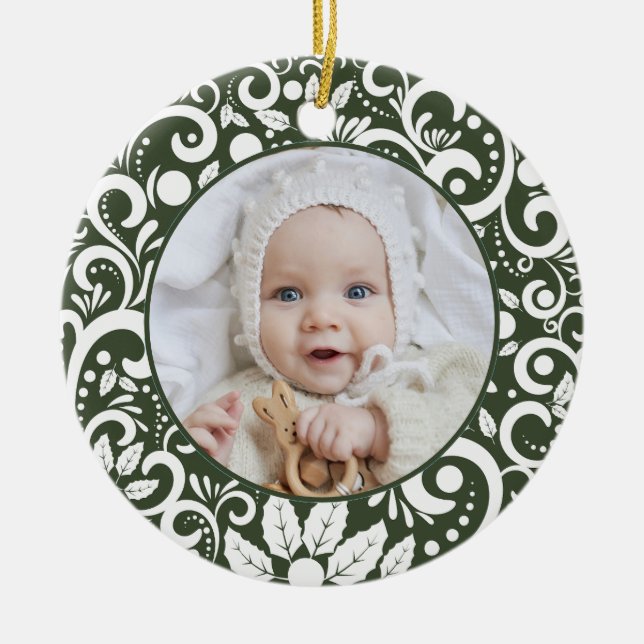 1st Christmas Forest Green Photo Elegant Festive Ceramic Ornament (Front)