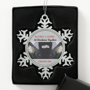 1st Christmas Gay Marriage Two Tuxes Snowflake Pewter Christmas Ornament
