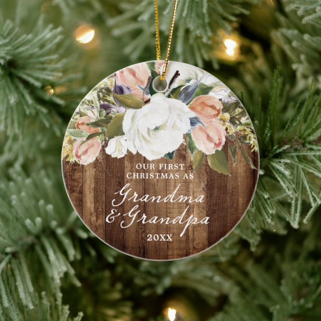 1st Christmas Grandma Grandpa Personalized Rustic Ceramic Ornament (Tree)