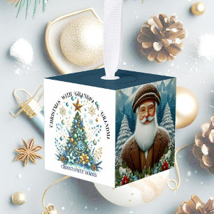 1st Christmas Grandpa Grandma 4 Photo Family Name Cube Ornament