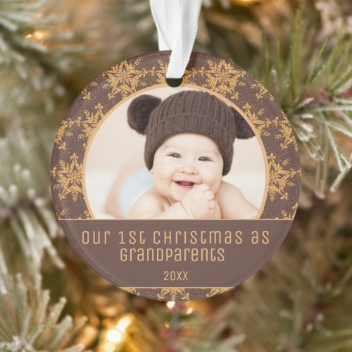 1st Christmas Grandparents Brown Gold Snowflakes Ornament