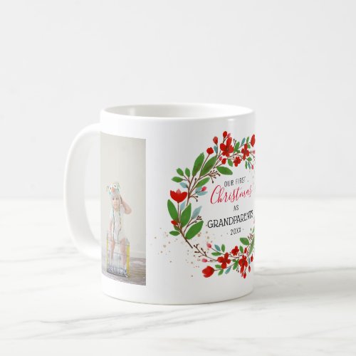 1st Christmas  Grandparents Floral Wreath 2 Photo Coffee Mug