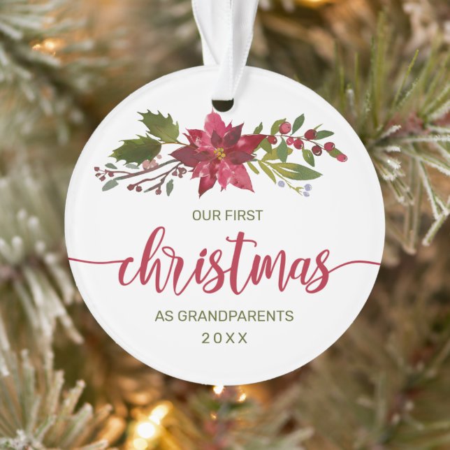 1st Christmas Grandparents Photo Watercolor Floral Ornament (Tree)