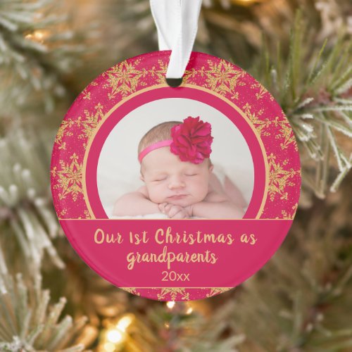 1st Christmas Grandparents Pink Gold Photo Ornament